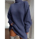 Plus Size, SCACTO Autumn and Winter Solid Color Versatile Loose Raglan Sleeve High Neck Women's Plus Size Sweater Dress