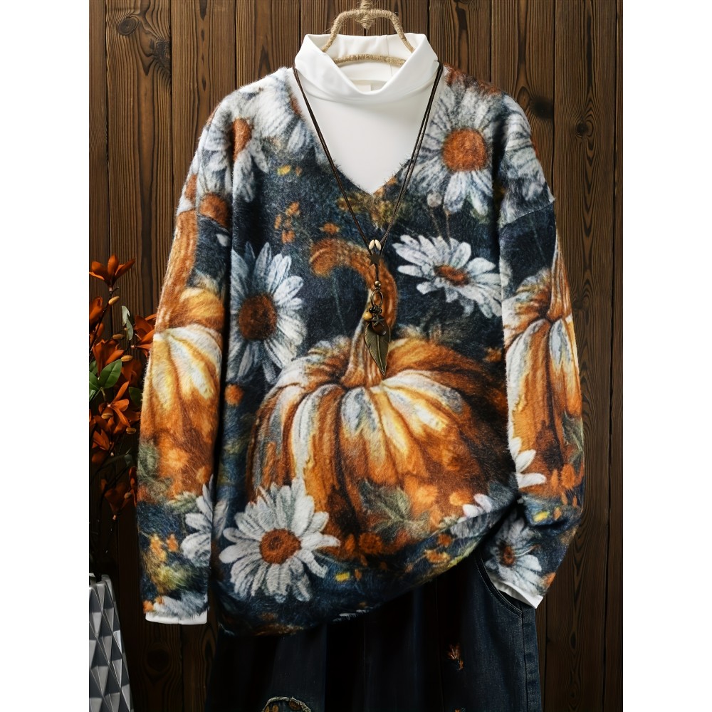 Plus Size Autumn And Winter Women's Clothing, Mink Fur Halloween Oversized Pumpkin Warm Sweater, Full Print V-neck Short Knitted Set