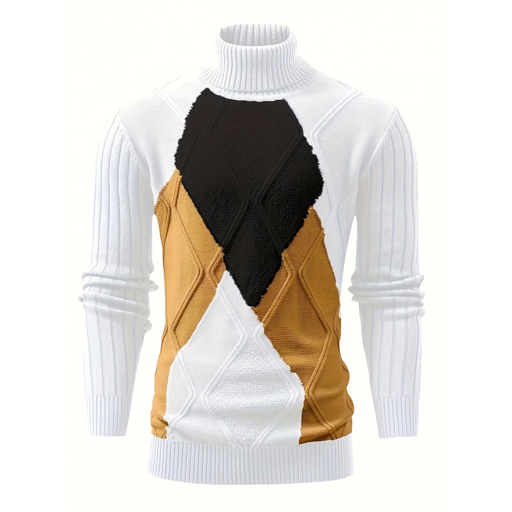 Men'S New Color-Blocked High-Neck Long-Sleeve Retro College-Style Knitted Base Layer for Casual Autumn And Winter