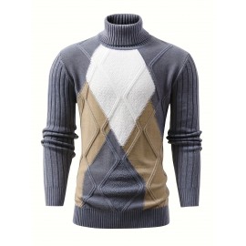 Men'S New Color-Blocked High-Neck Long-Sleeve Retro College-Style Knitted Base Layer for Casual Autumn And Winter