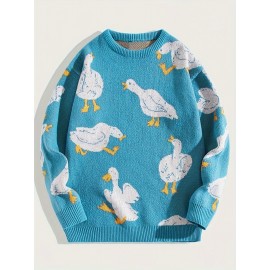 Men's Trendy Cute Pattern Animal Goose Pullover Casual Couple Street Round Neck Sweater Knitwear Warm