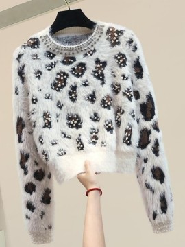 New Loose Fit Outerwear Small Size Pullover Top | Round Neck Beaded Leopard Print Thickened Sweater Women, Long Sleeve, Color Block, Geometric-pattern, Casual Style, Crew Neck, Brand: SCACTO