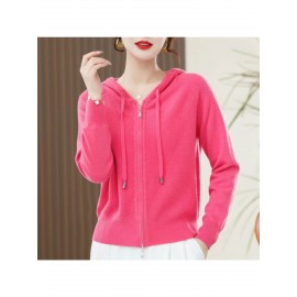Spring and Autumn Women'S Hooded Cardigan | Long-Sleeved, Loose Fit, Solid Color, V-Neck, Elegant Style
