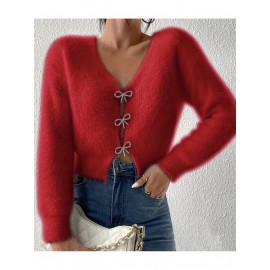 100% WOOL Cardigan | Autumn and Winter New Bow Single Breasted Sweater Coat with Long Sleeves and Lapel Collar