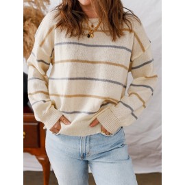 Women'S Multicolor Striped Round Neck Sweater Dress - Long Sleeve A-Line Mini Dress with Multicolor Horizontal Stripes (Pink/) | Spring/Fall Casual to Semi-Formal Outfits | Easy-Care Round Neck Design & Versatile Layering Piece