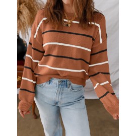 Women'S Multicolor Striped Round Neck Sweater Dress - Long Sleeve A-Line Mini Dress with Multicolor Horizontal Stripes (Pink/) | Spring/Fall Casual to Semi-Formal Outfits | Easy-Care Round Neck Design & Versatile Layering Piece