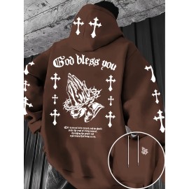 Men'S Christian Faith Hooded Sweatshirt with Prayer Hands & Cross Design - All-Season Casual Pullover, Machine Washable, Kangaroo Pocket & Drawstring Hood, Plus Size, Church Activities & Casual Attire