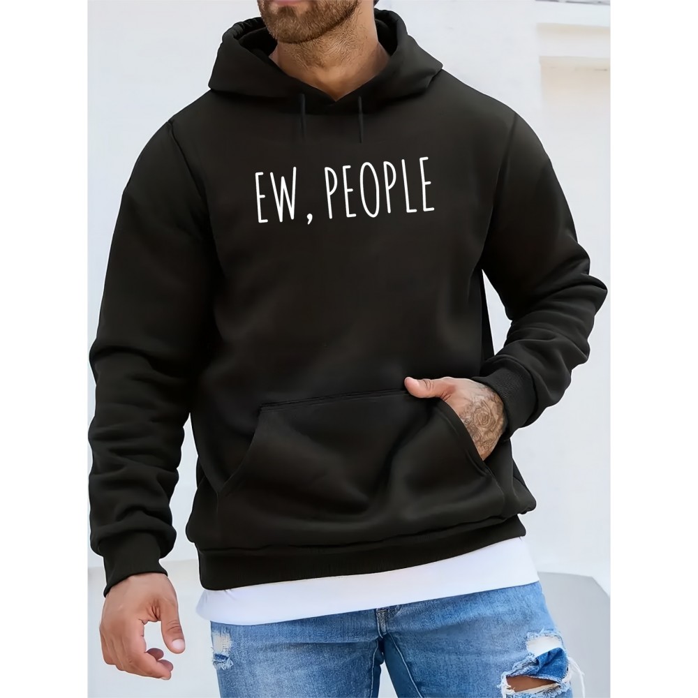 Men'S Ew People Graphic Print Hooded Sweatshirt - Oversized Loose Fit Pullover Hoodie with Kangaroo Pocket, Long Sleeve Casual Winter Warmth, with Lettering, Comfortable Casual Attire & Ideal Gift for Men (Autumn/Winter), Plus Size